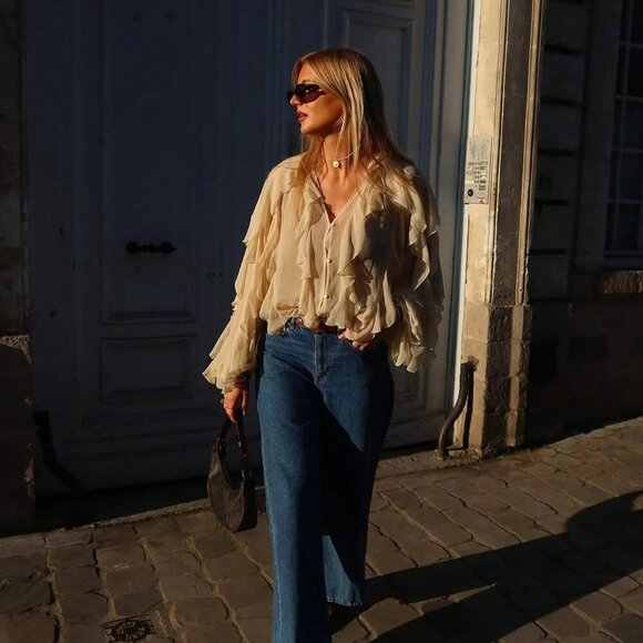 Tan Casual Women's Ruffle Trim Lantern Blouse Shirt - Picture 6 of 10